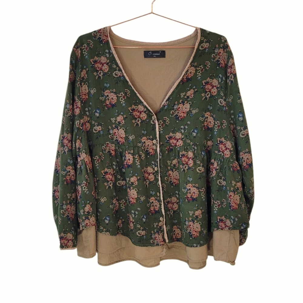 O-NELUE Green Multi Floral Layered V-Neck Boho Peasant Top Size 3XL